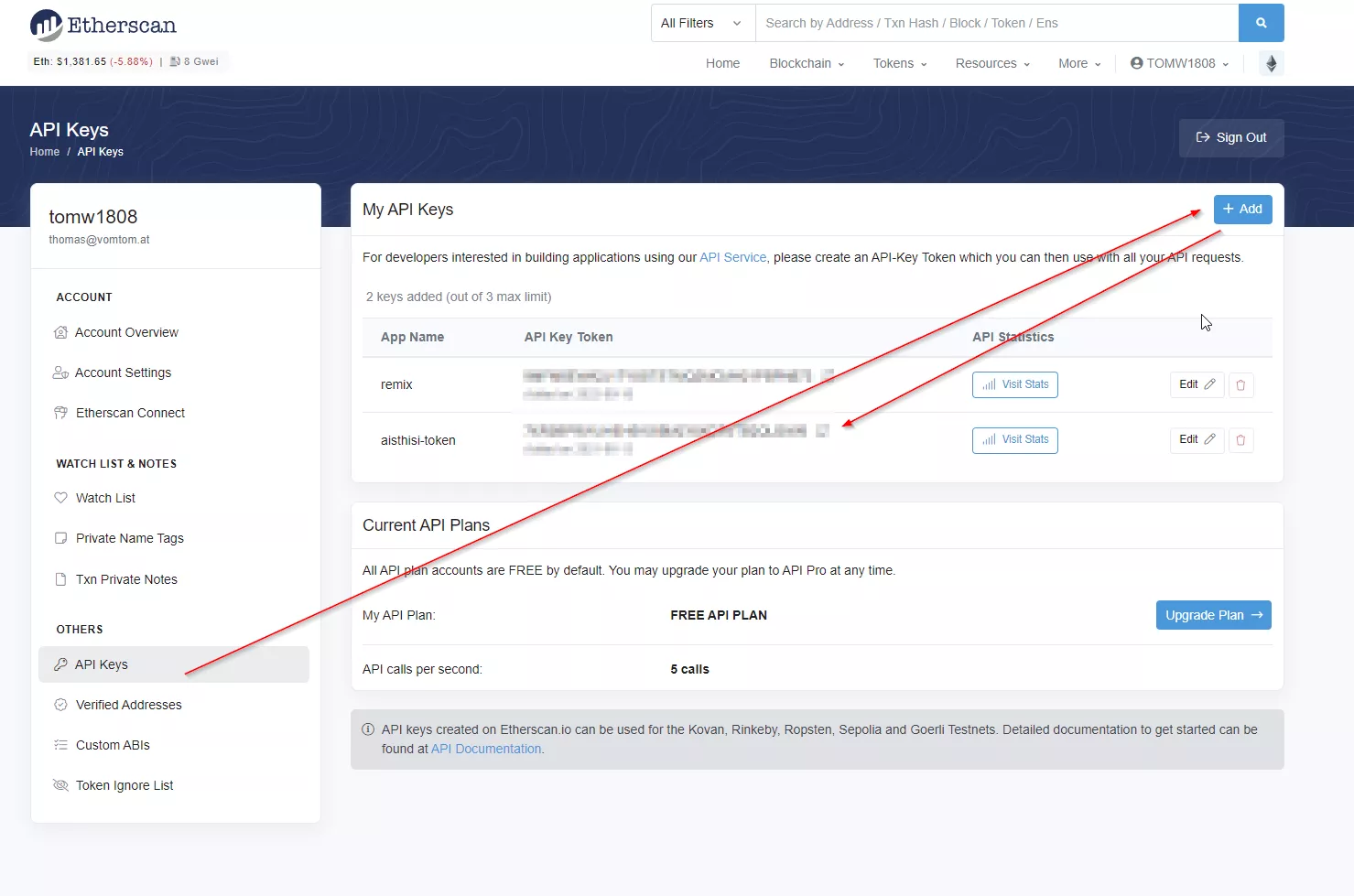 Etherscan API key for source verification